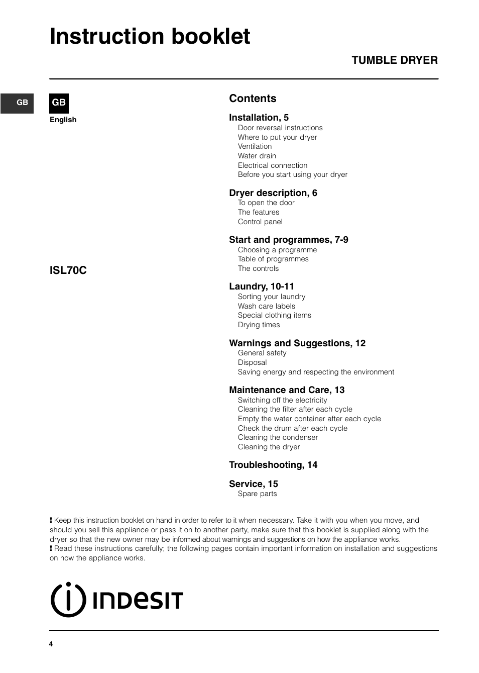 Instruction booklet, Contents tumble dryer isl70c | Indesit ISL70C After 29 Apr 06 User Manual | Page 3 / 15