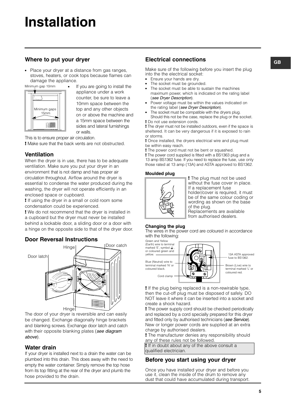 Installation, Before you start using your dryer, Where to put your dryer | Ventilation, Door reversal instructions, Water drain, Electrical connections | Indesit ISL70C After 29 Apr 06 User Manual | Page 4 / 15