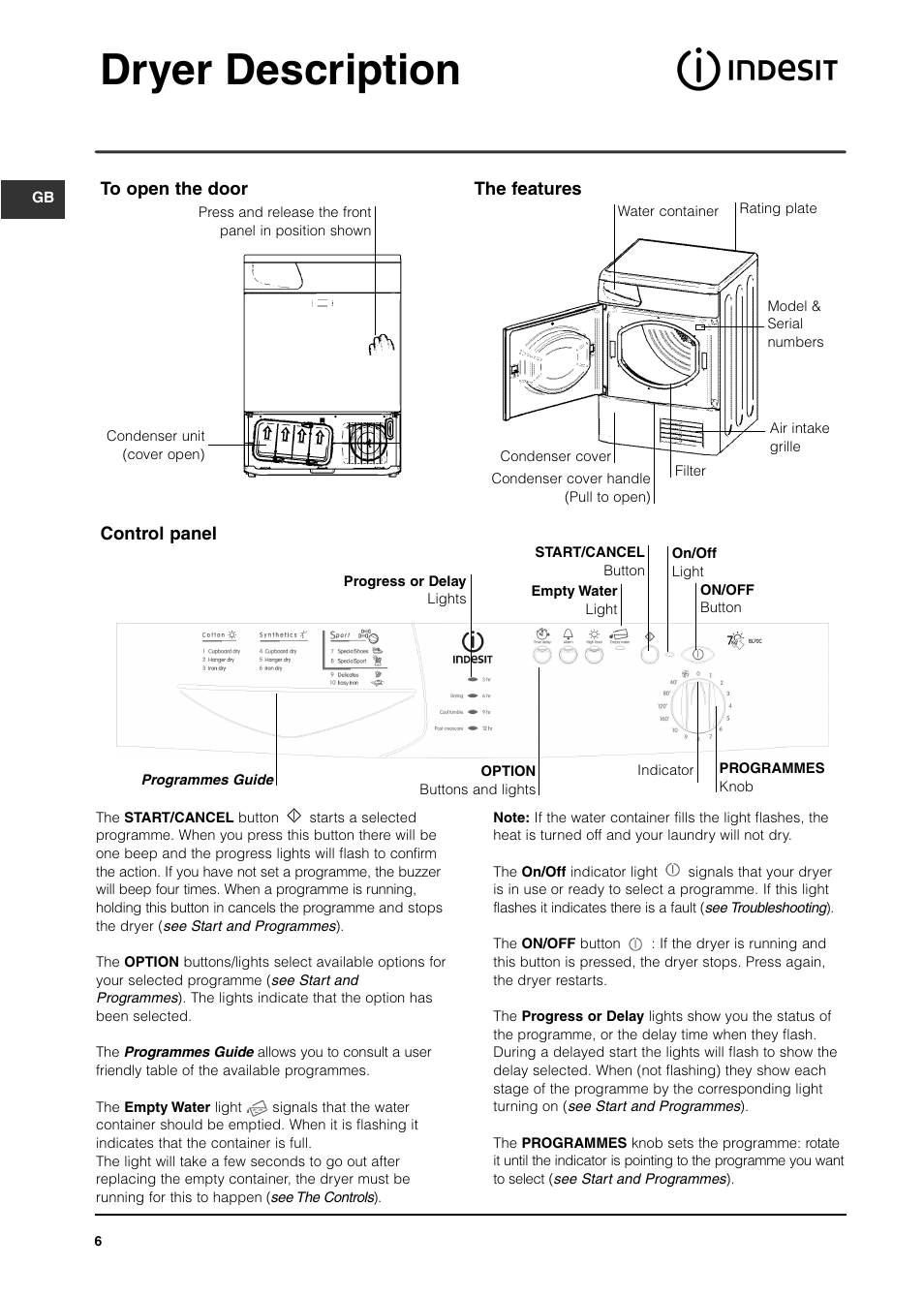 Dryer description, Control panel | Indesit ISL70C After 29 Apr 06 User Manual | Page 5 / 15