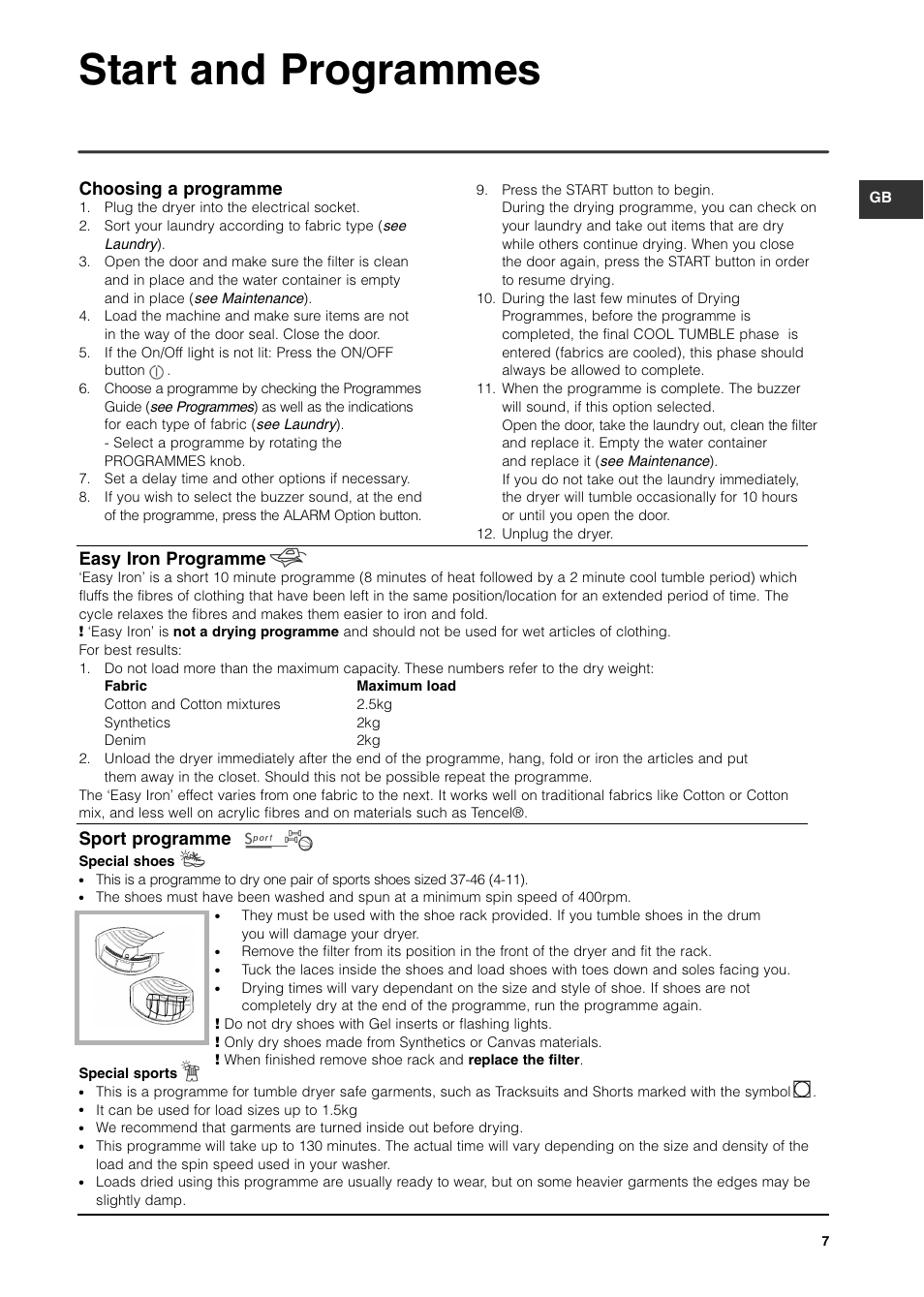 Start and programmes, Choosing a programme, Easy iron programme | Sport programme | Indesit ISL70C After 29 Apr 06 User Manual | Page 6 / 15