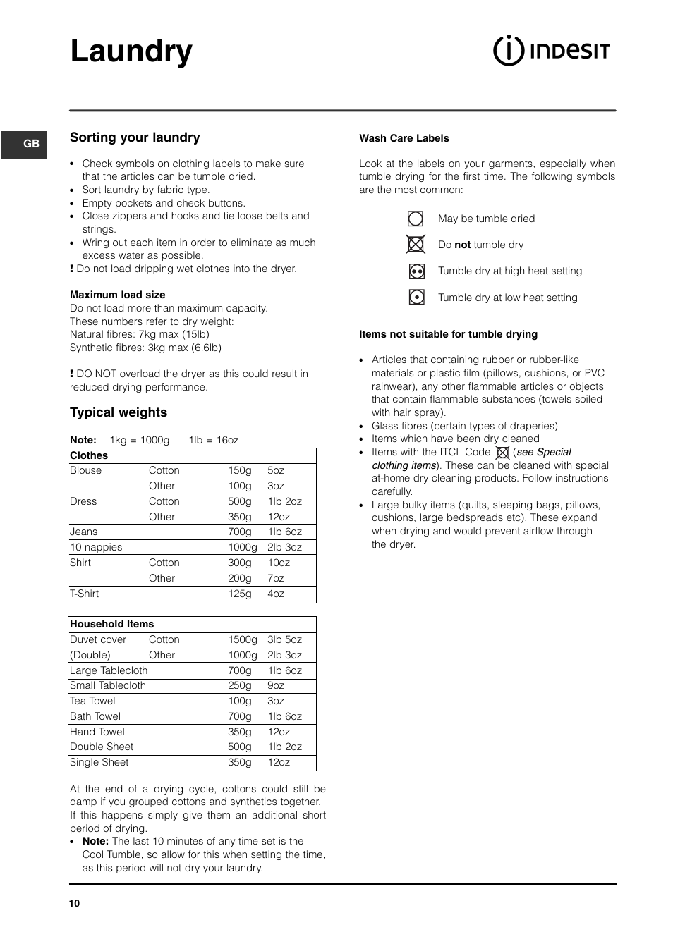Laundry, Sorting your laundry, Typical weights | Indesit ISL70C After 29 Apr 06 User Manual | Page 9 / 15