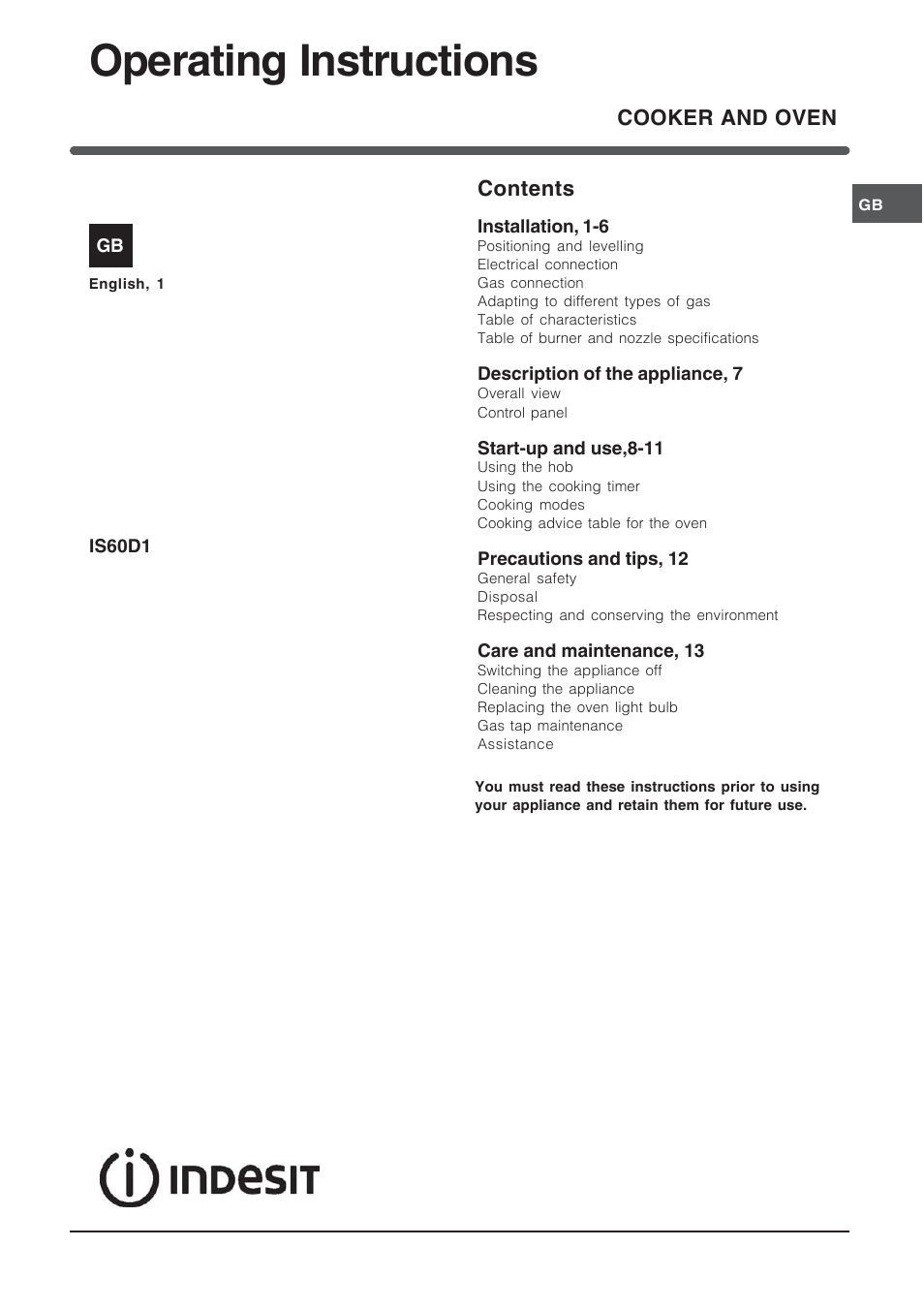 Indesit IS60D1X User Manual | 16 pages