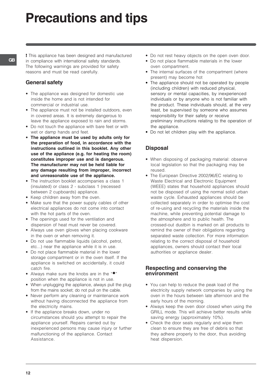 Precautions and tips | Indesit IS60D1X User Manual | Page 12 / 16
