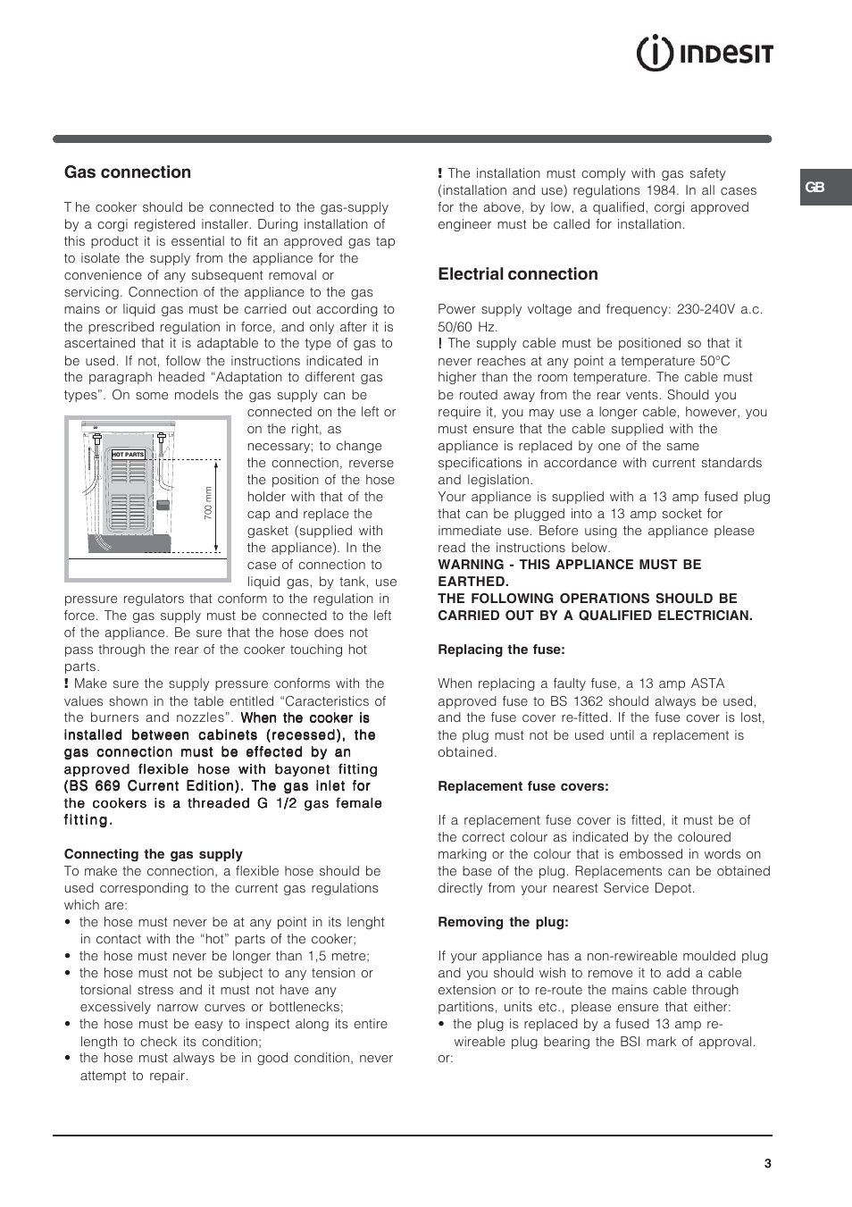 Gas connection, Electrial connection | Indesit IS60D1X User Manual | Page 3 / 16