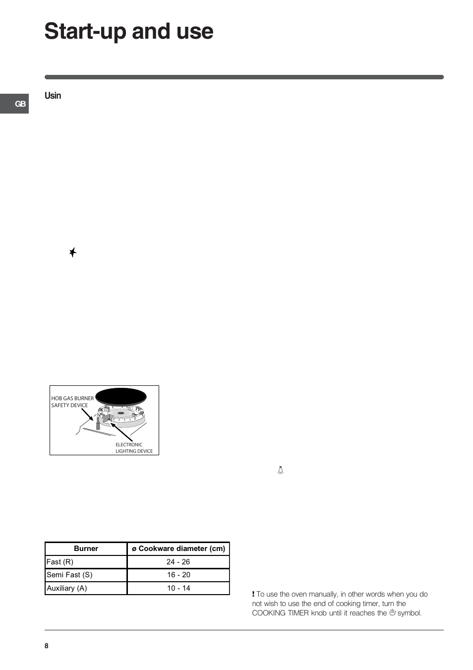 Start-up and use | Indesit IS60D1X User Manual | Page 8 / 16