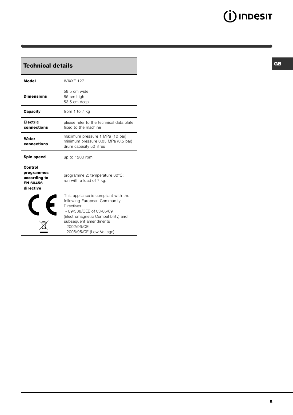 Technical details | Indesit WIXXE127 Italian built variant User Manual | Page 5 / 16