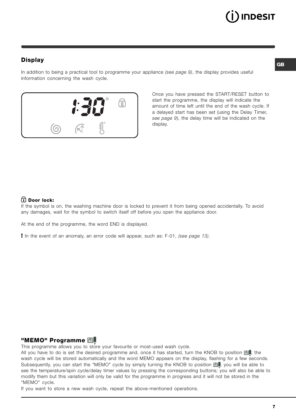 Display | Indesit WIXXE127 Italian built variant User Manual | Page 7 / 16