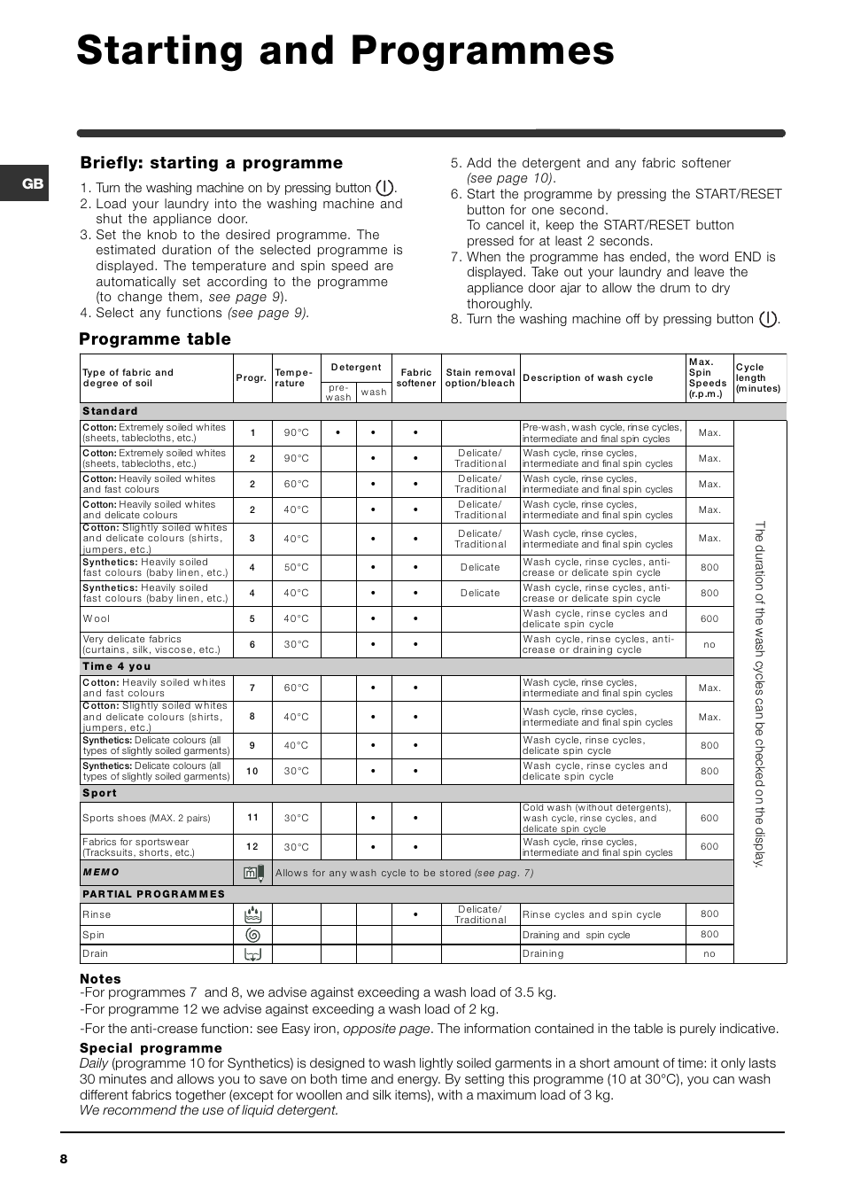 Starting and programmes, Programme table, Briefly: starting a programme | Indesit WIXXE127 Italian built variant User Manual | Page 8 / 16