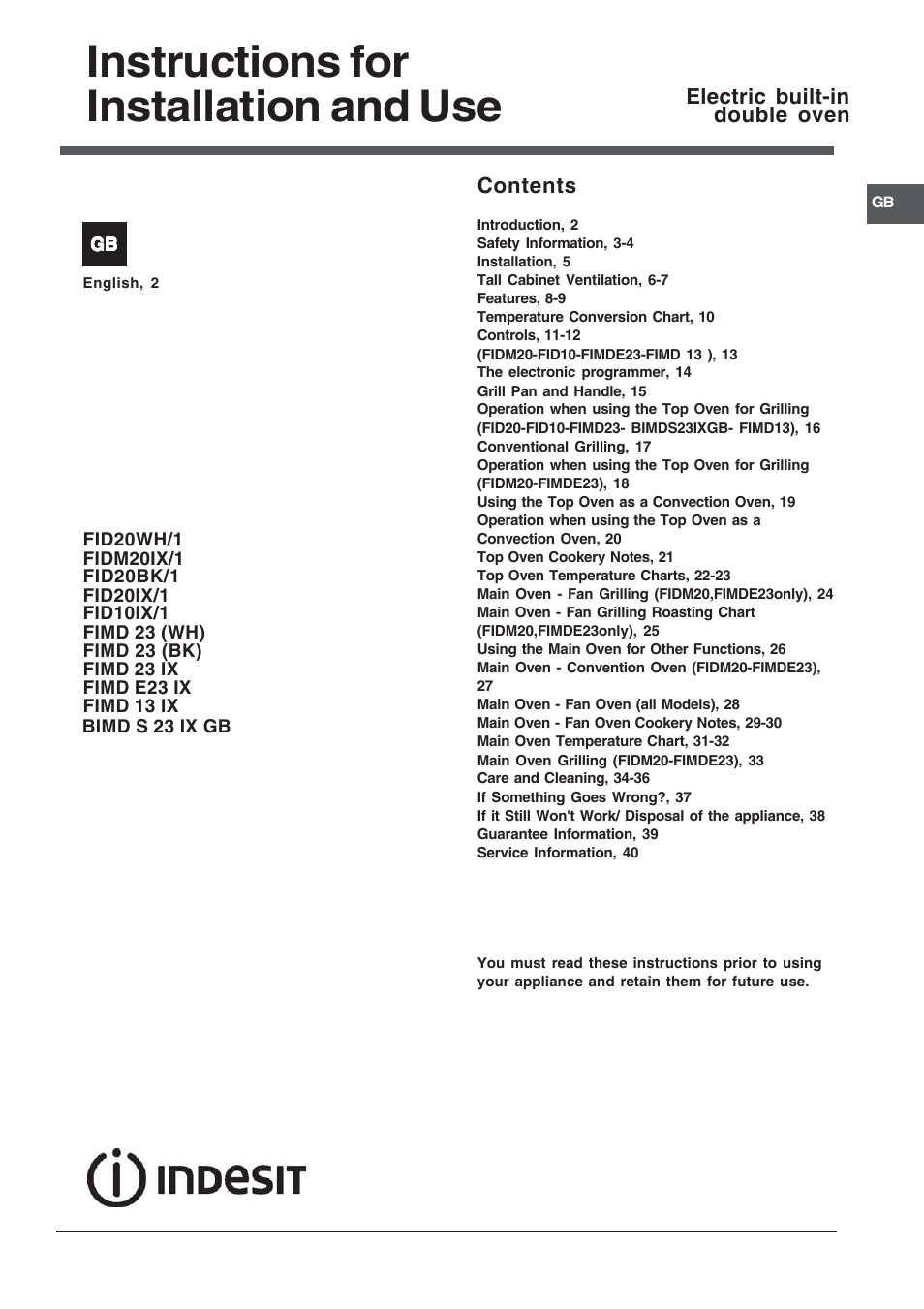 Indesit BIMDS23IXGB User Manual | 40 pages