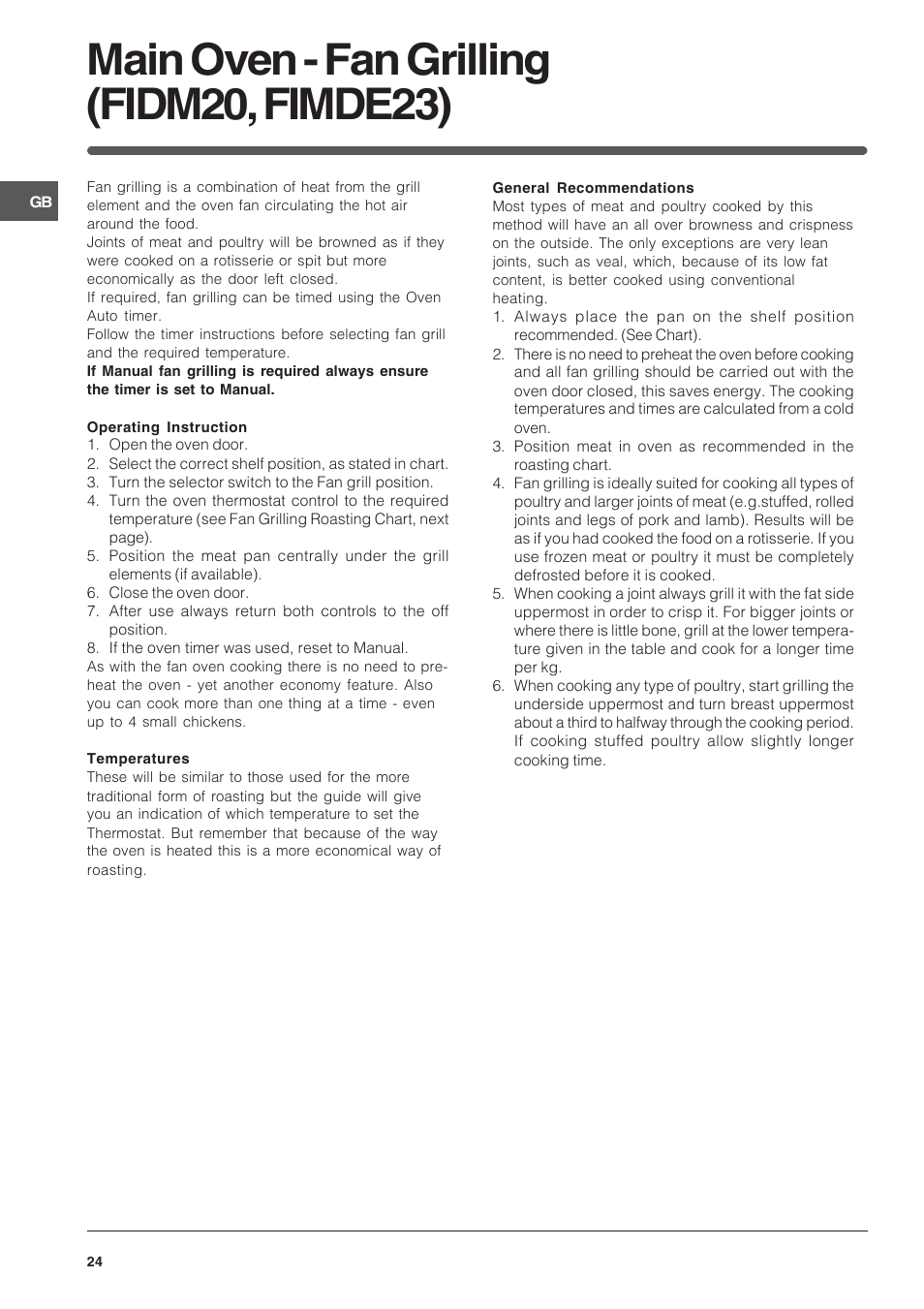 Main oven - fan grilling (fidm20, fimde23) | Indesit BIMDS23IXGB User Manual | Page 24 / 40