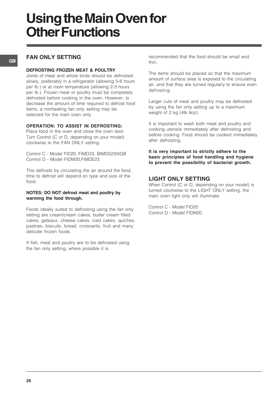 Using the main oven for other functions | Indesit BIMDS23IXGB User Manual | Page 26 / 40
