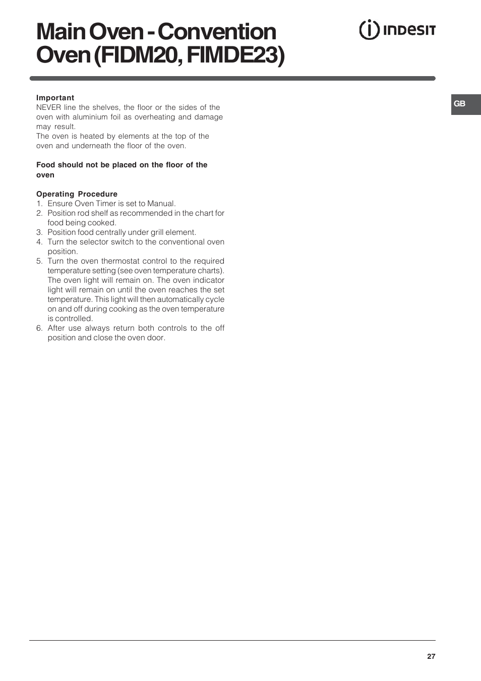 Main oven - convention oven (fidm20, fimde23) | Indesit BIMDS23IXGB User Manual | Page 27 / 40