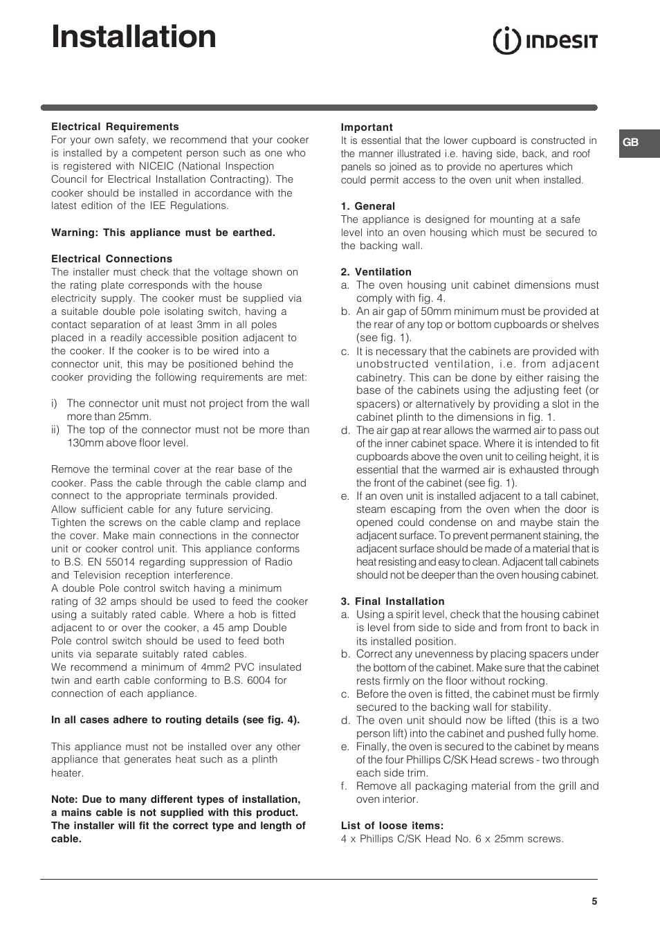 Installation | Indesit BIMDS23IXGB User Manual | Page 5 / 40