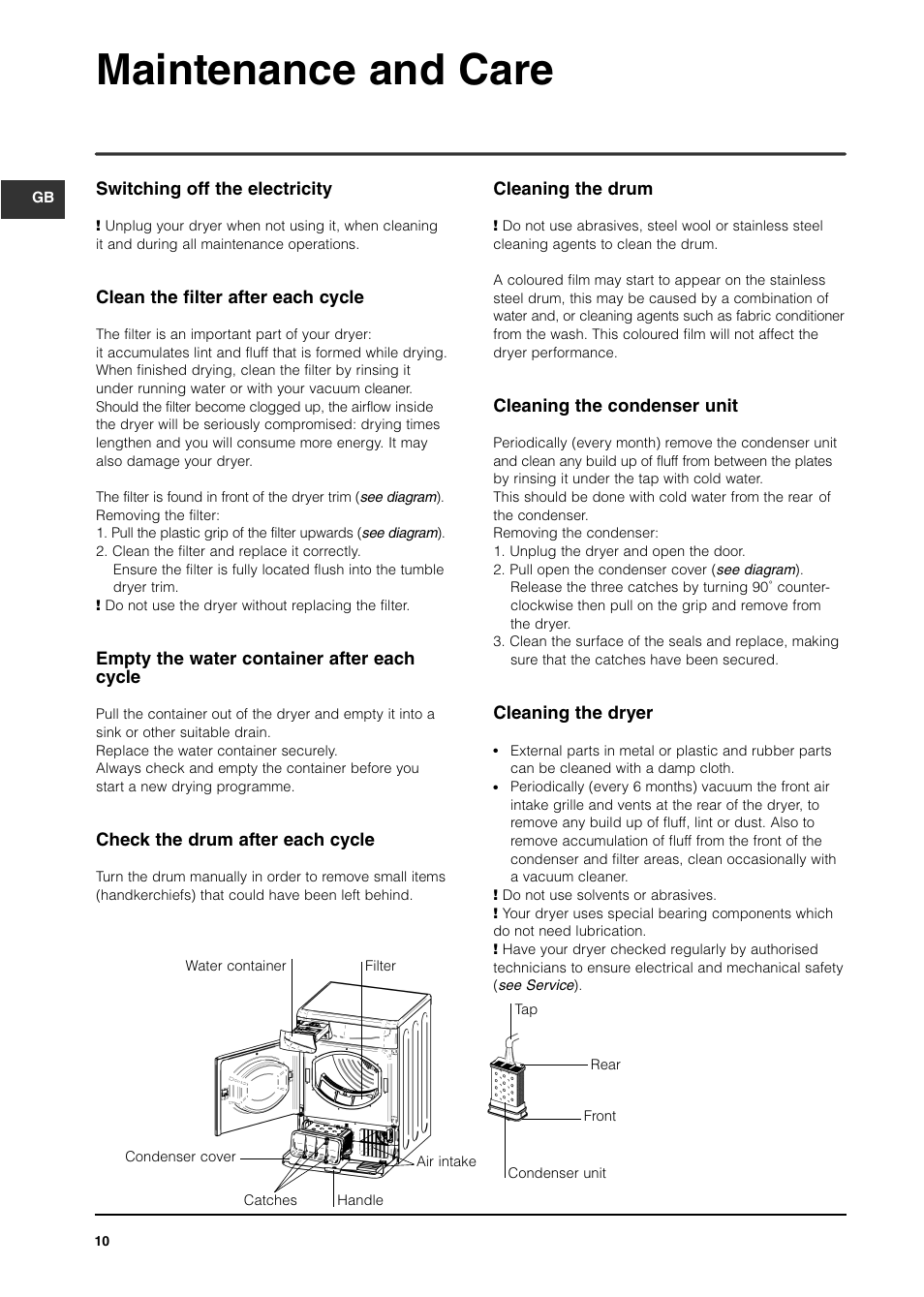 Maintenance and care | Indesit IS70CUK User Manual | Page 10 / 12