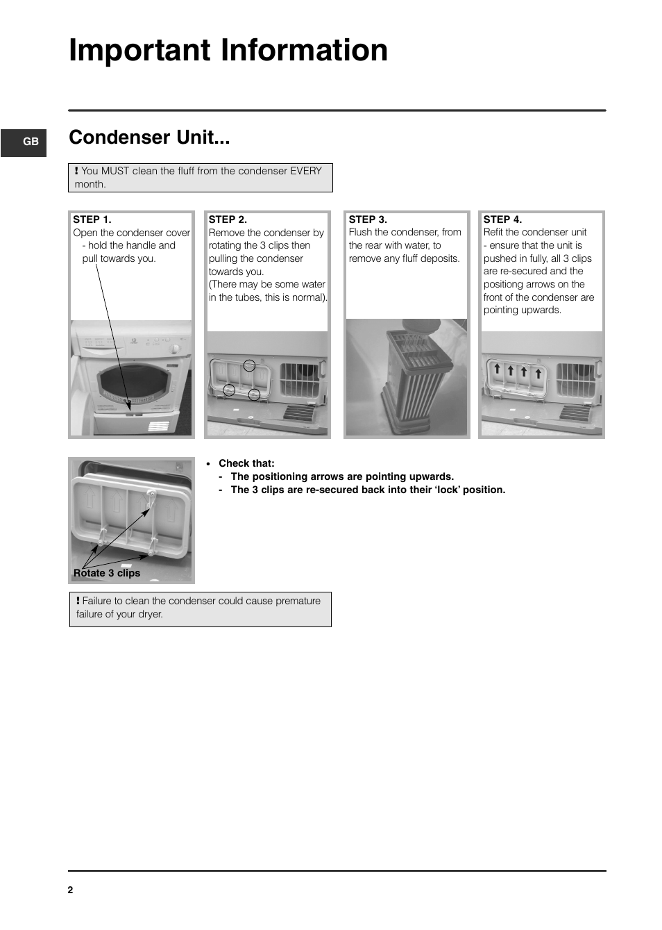 Important information, Condenser unit | Indesit IS70CUK User Manual | Page 2 / 12