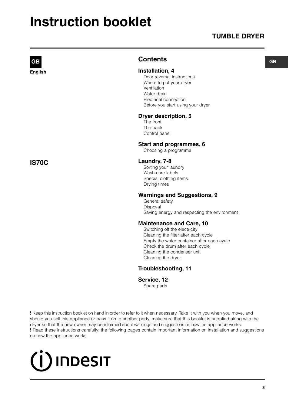 Instruction booklet, Contents tumble dryer is70c | Indesit IS70CUK User Manual | Page 3 / 12