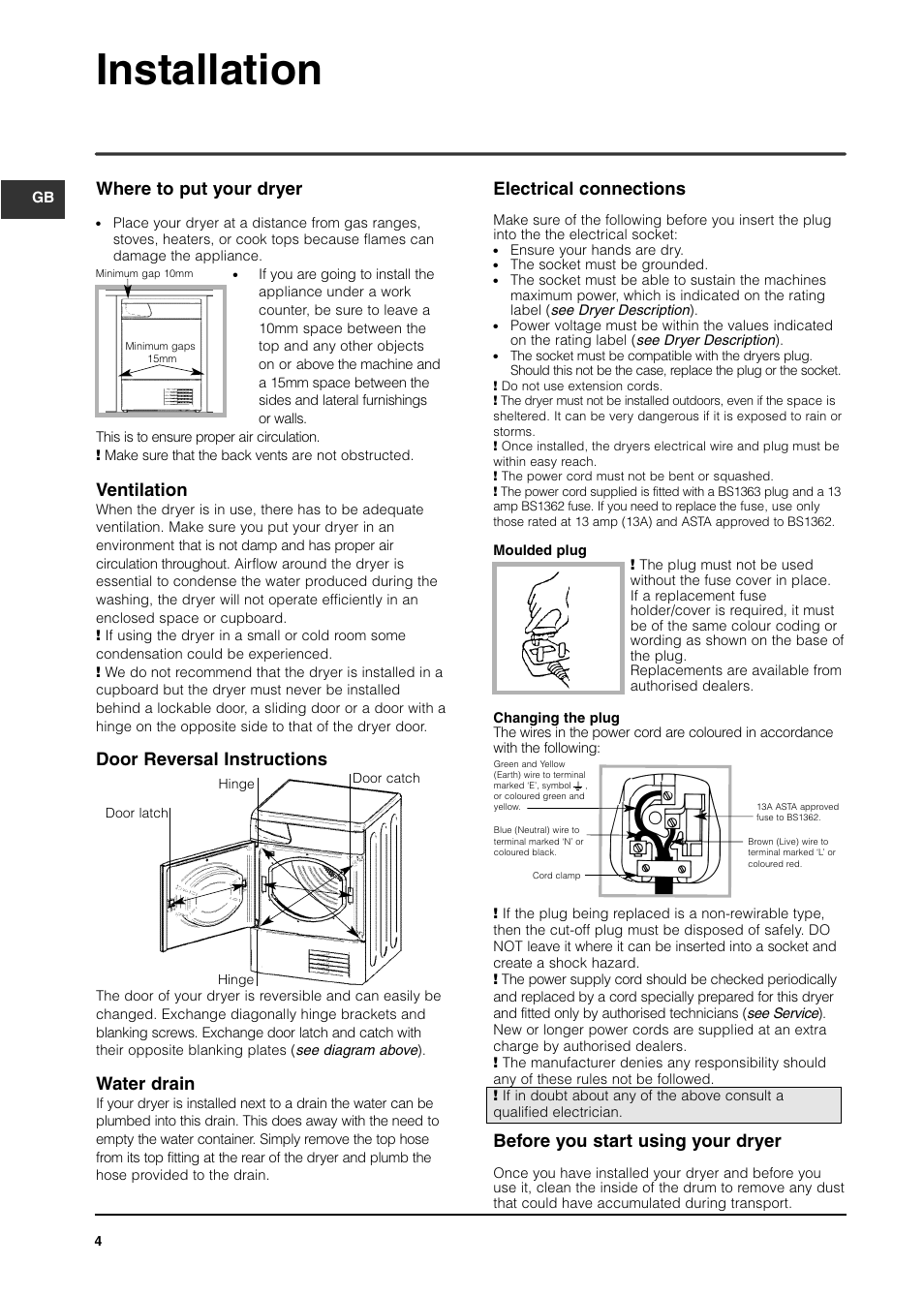 Installation, Before you start using your dryer, Where to put your dryer | Ventilation, Door reversal instructions, Water drain, Electrical connections | Indesit IS70CUK User Manual | Page 4 / 12