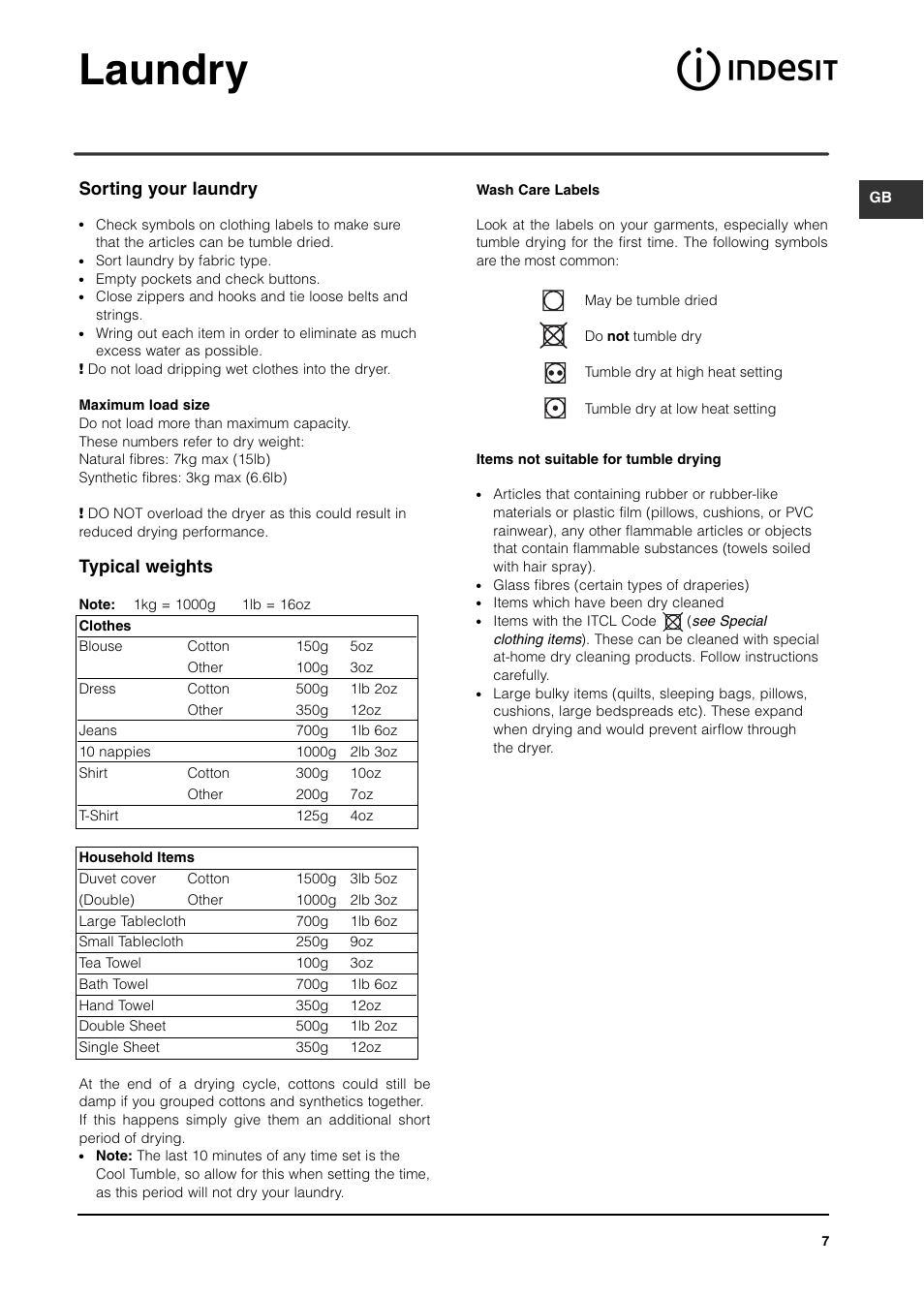 Laundry, Sorting your laundry, Typical weights | Indesit IS70CUK User Manual | Page 7 / 12