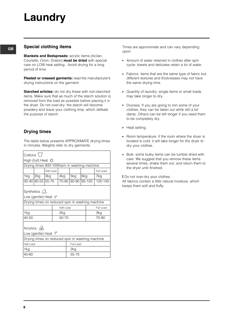Laundry, Special clothing items, Drying times | Indesit IS70CUK User Manual | Page 8 / 12