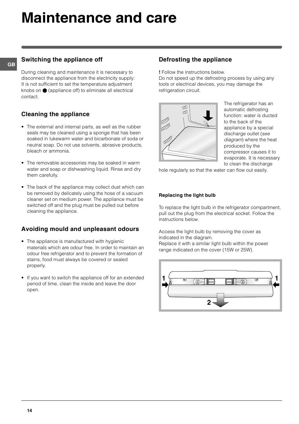 Maintenance and care | Indesit SAN400 I GB F D NL ES User Manual | Page 14 / 48