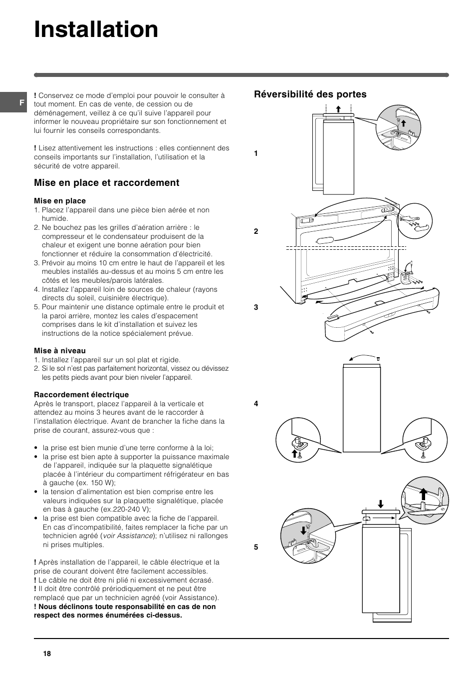 Installation, Mise en place et raccordement, Réversibilité des portes | Indesit SAN400 I GB F D NL ES User Manual | Page 18 / 48