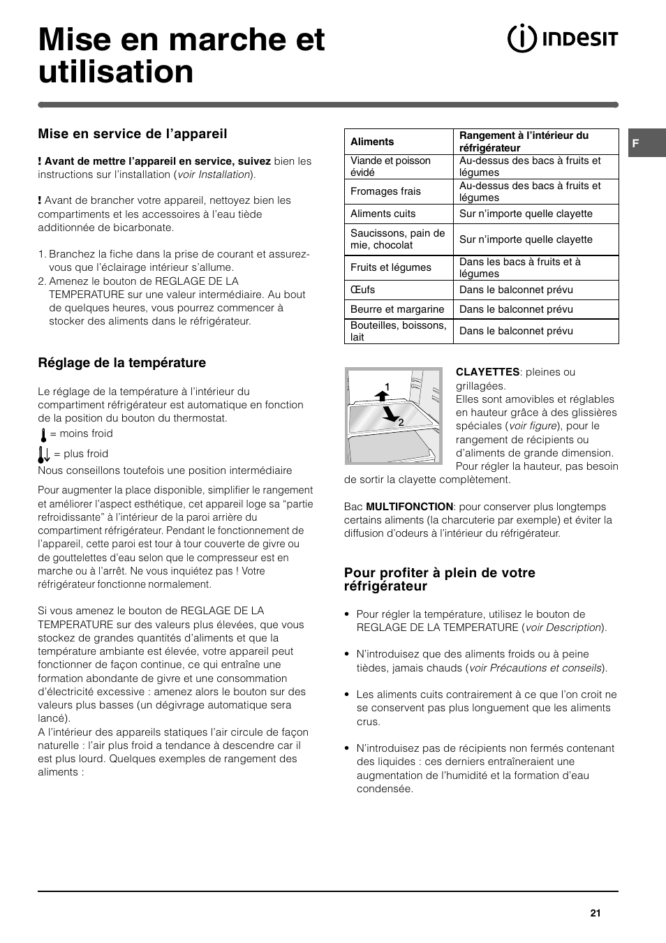 Mise en marche et utilisation | Indesit SAN400 I GB F D NL ES User Manual | Page 21 / 48