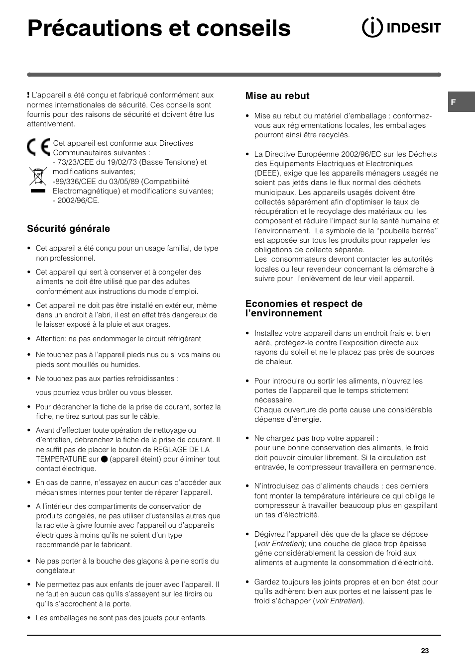 Précautions et conseils | Indesit SAN400 I GB F D NL ES User Manual | Page 23 / 48
