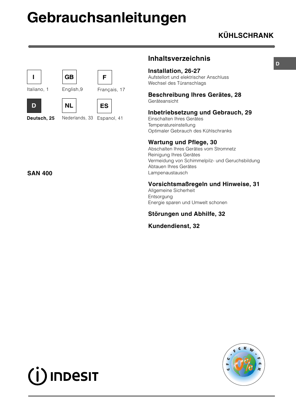 Gebrauchsanleitungen, Kühlschrank inhaltsverzeichnis | Indesit SAN400 I GB F D NL ES User Manual | Page 25 / 48