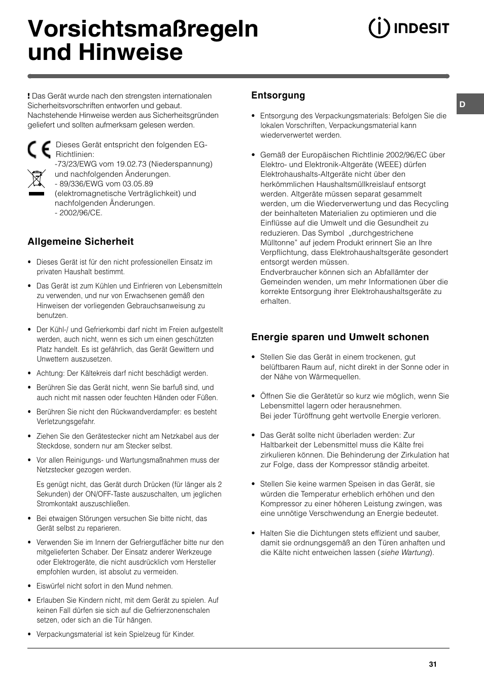 Vorsichtsmaßregeln und hinweise | Indesit SAN400 I GB F D NL ES User Manual | Page 31 / 48