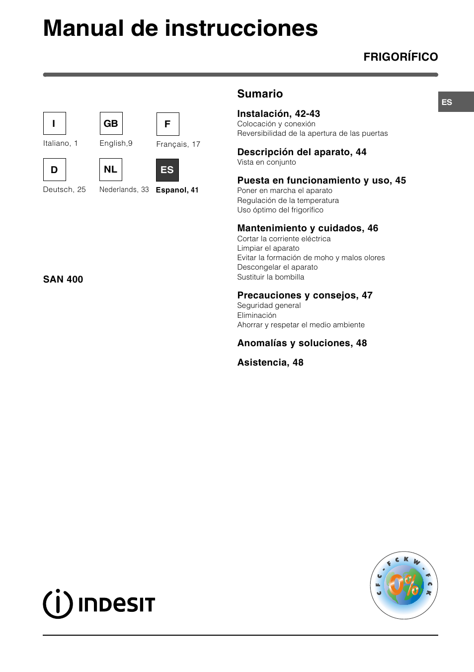 Manual de instrucciones, Frigorífico sumario | Indesit SAN400 I GB F D NL ES User Manual | Page 41 / 48