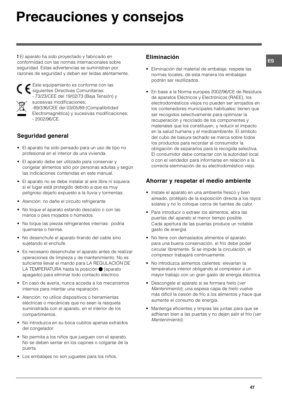 Precauciones y consejos | Indesit SAN400 I GB F D NL ES User Manual | Page 47 / 48