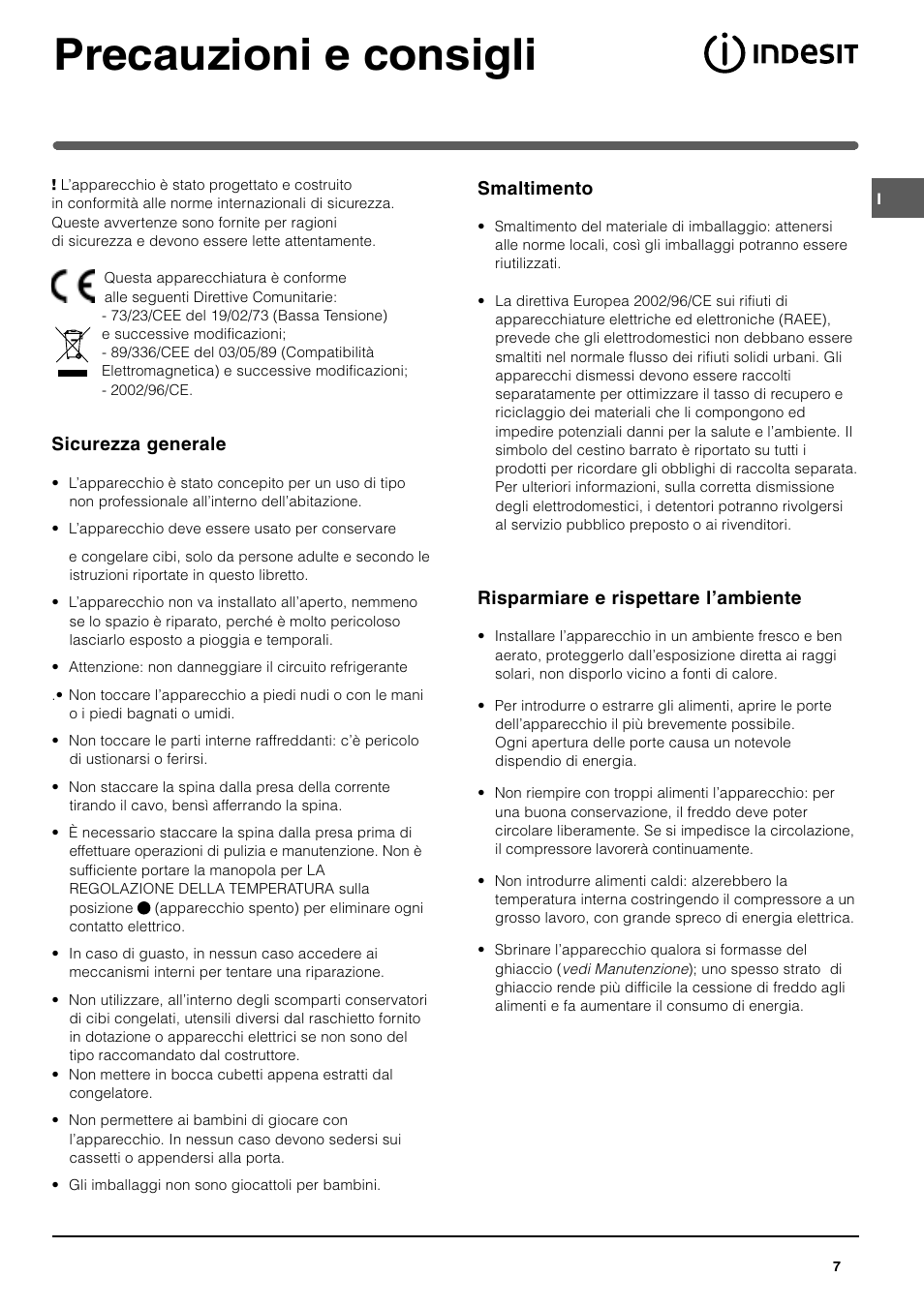 Precauzioni e consigli | Indesit SAN400 I GB F D NL ES User Manual | Page 7 / 48