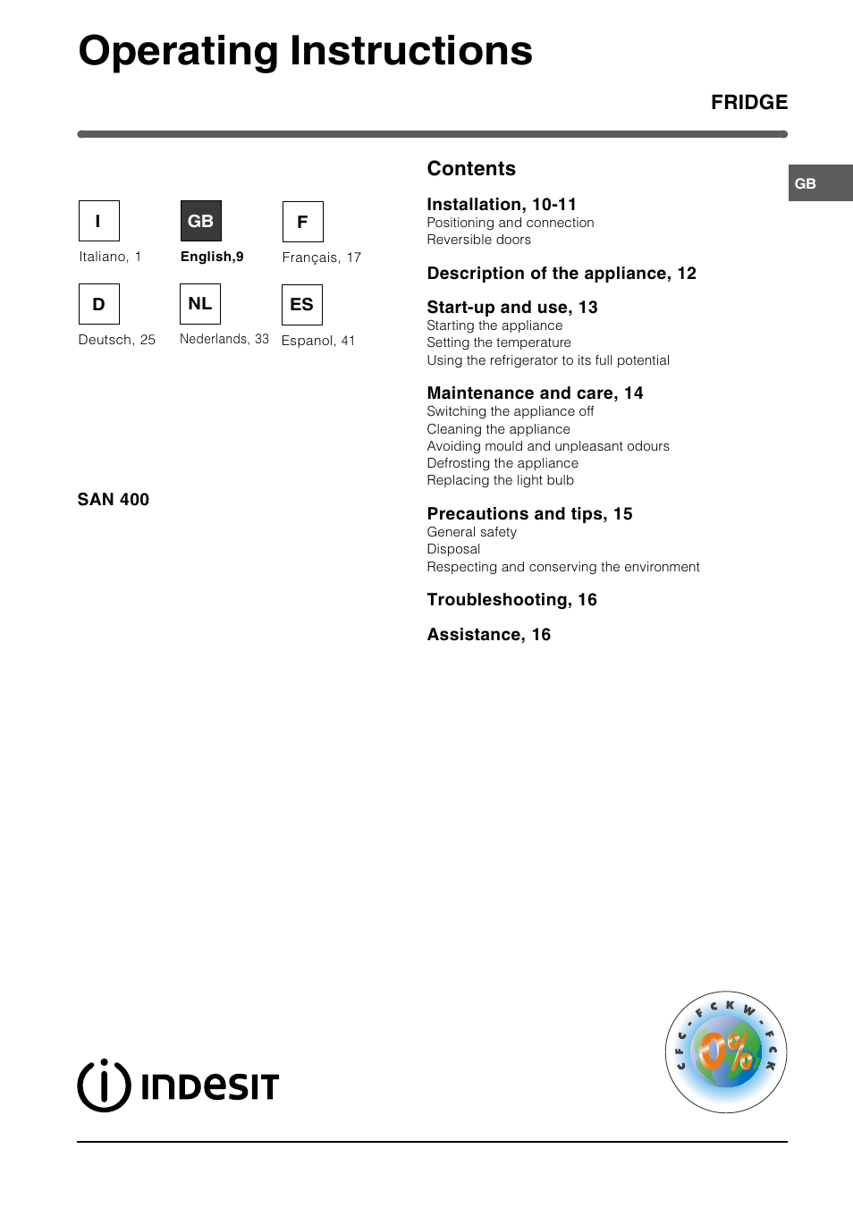 Operating instructions | Indesit SAN400 I GB F D NL ES User Manual | Page 9 / 48