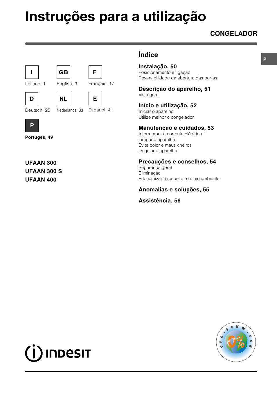 Instruções para a utilização, Congelador índice | Indesit UFAAN300 I GB F D NL ES P User Manual | Page 49 / 56