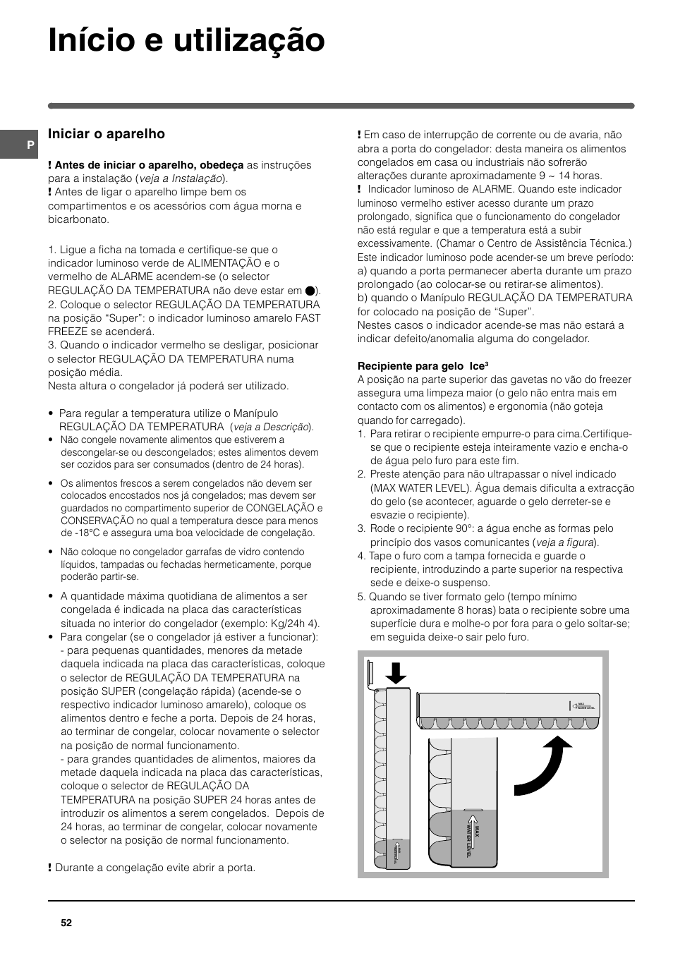 Início e utilização, Iniciar o aparelho | Indesit UFAAN300 I GB F D NL ES P User Manual | Page 52 / 56