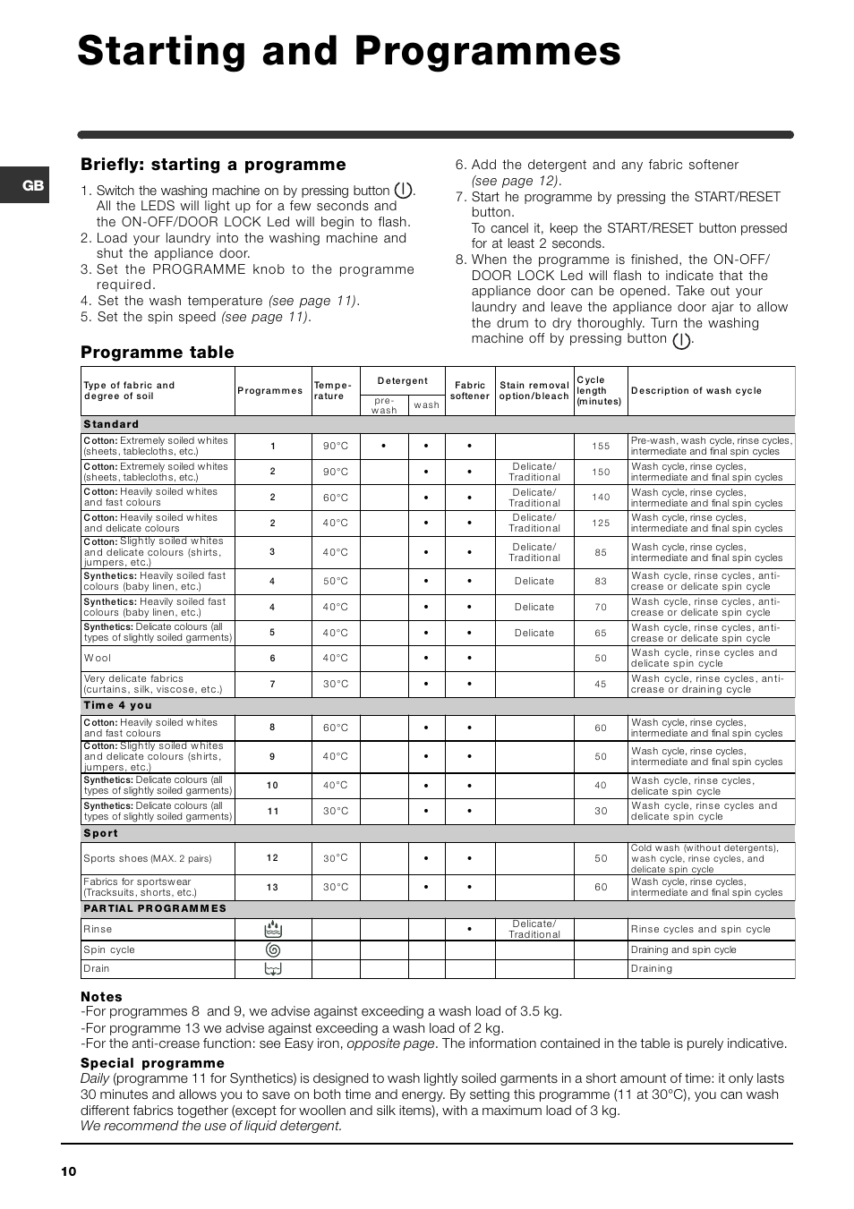 Starting and programmes, Programme table briefly: starting a programme | Indesit IWME12 User Manual | Page 10 / 20