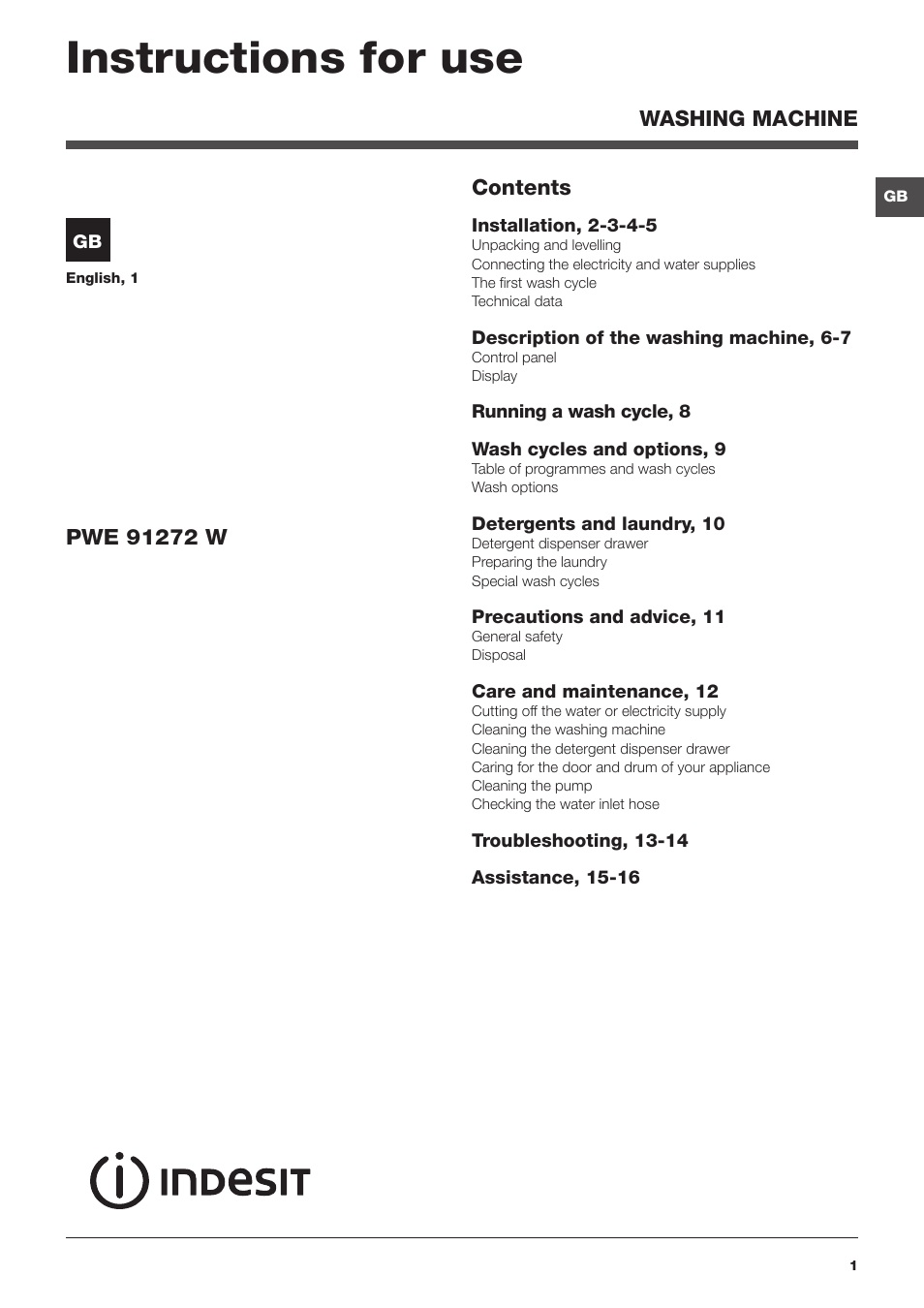Indesit PWE91272W User Manual | 16 pages
