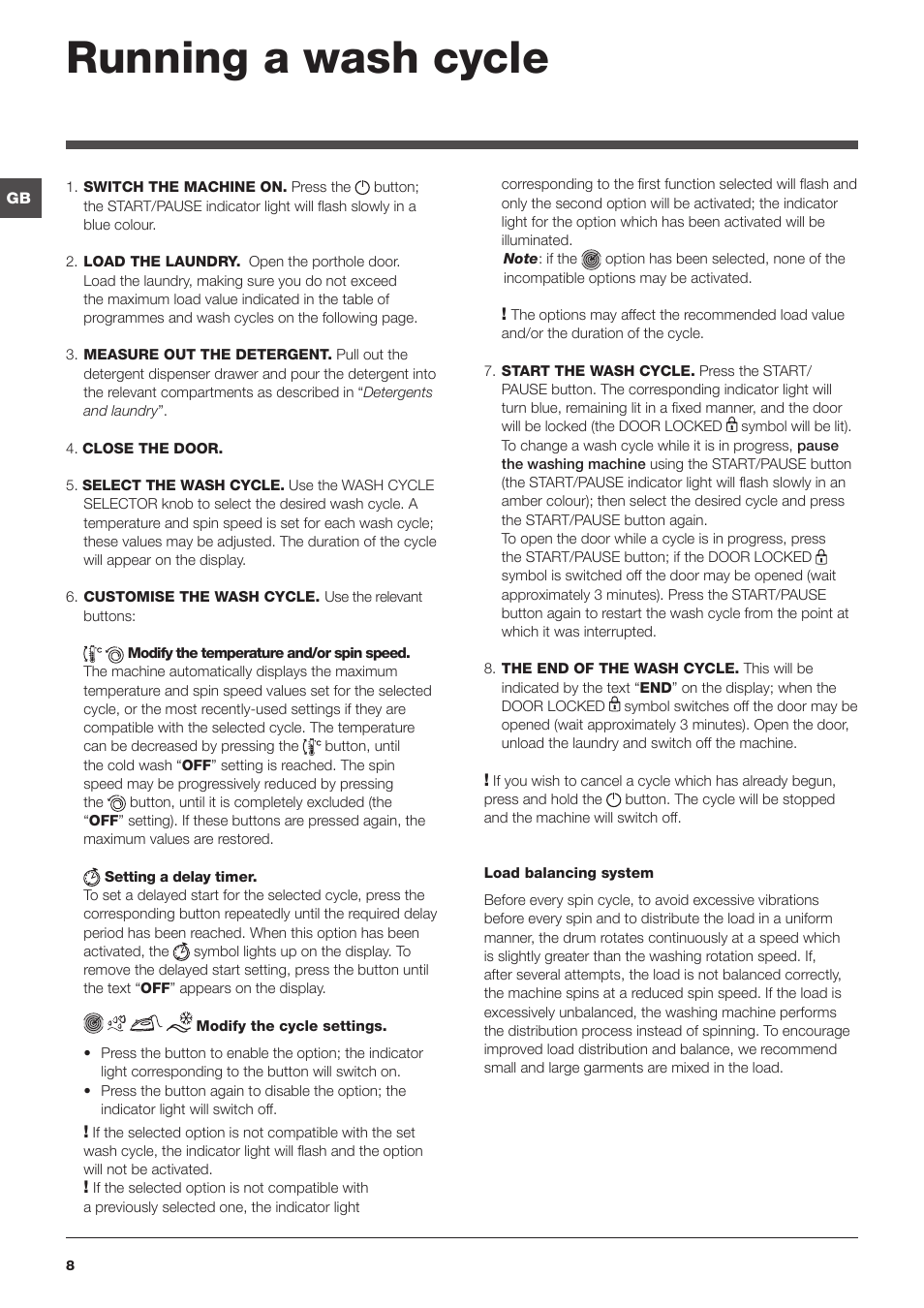 Running a wash cycle | Indesit PWE91272W User Manual | Page 8 / 16