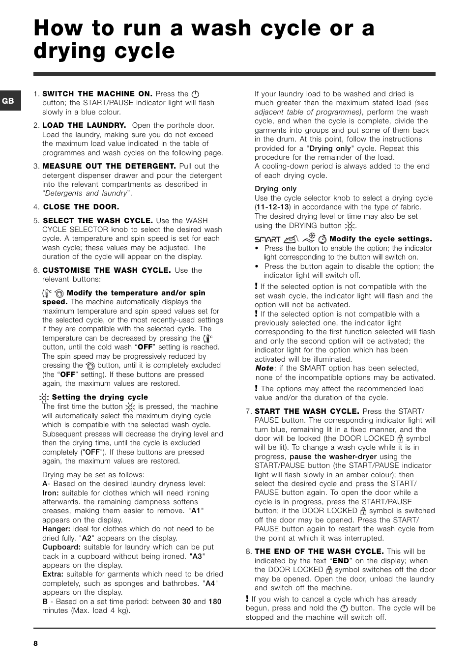 How to run a wash cycle or a drying cycle | Indesit PWDE81680SUK User Manual | Page 8 / 16