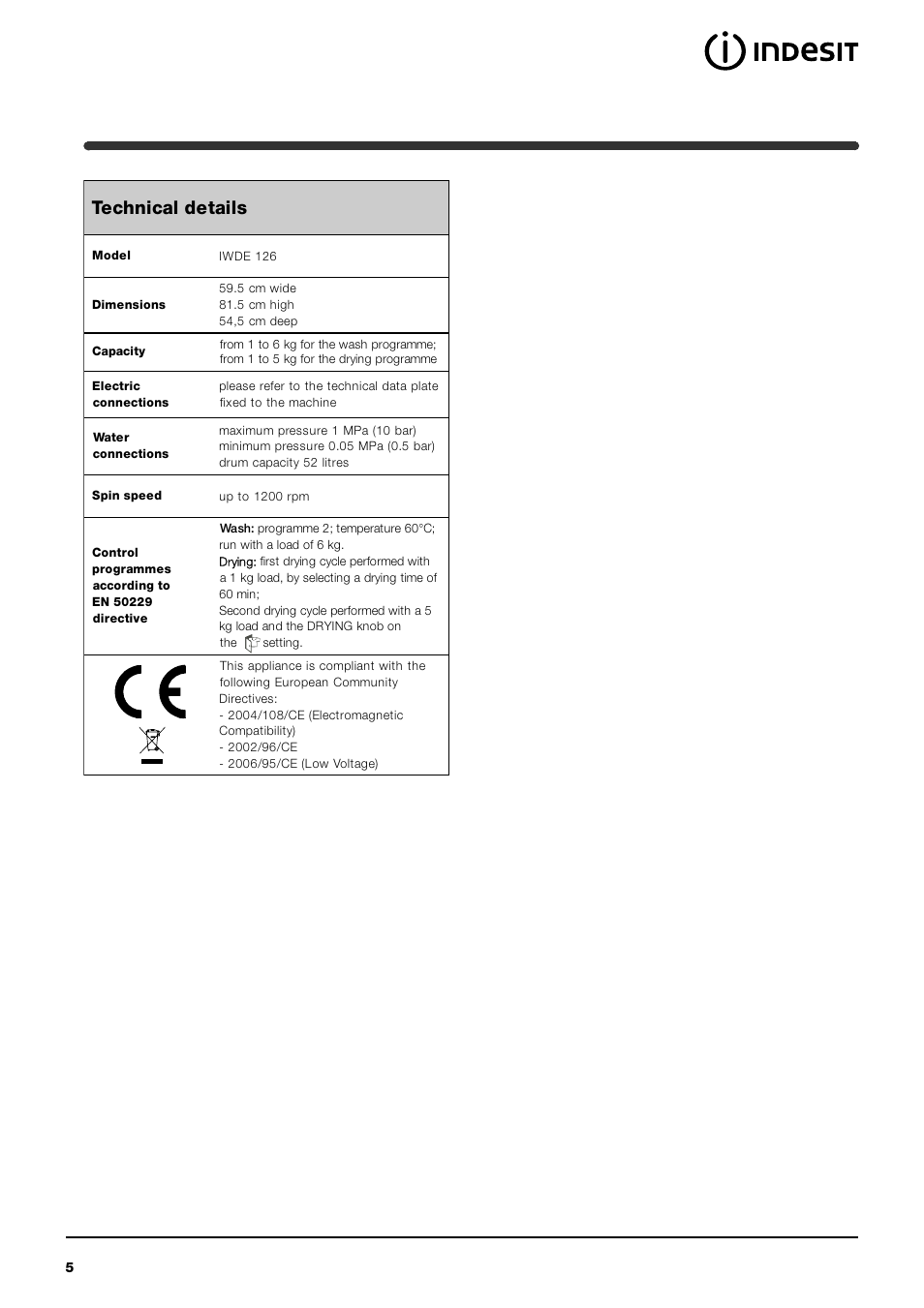 Technical details | Indesit IWDE126UK User Manual | Page 5 / 20