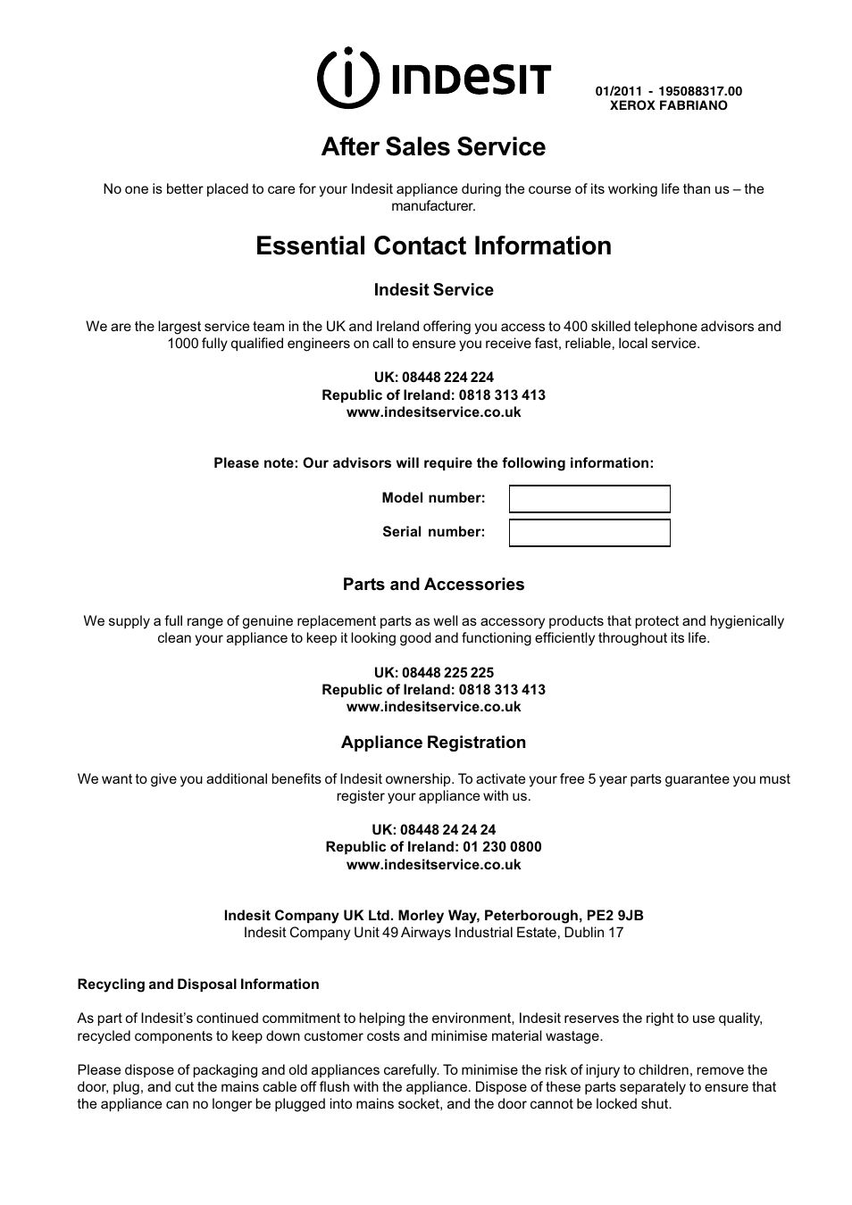 After sales service, Essential contact information | Indesit FIM73KC-AIXGB User Manual | Page 12 / 12