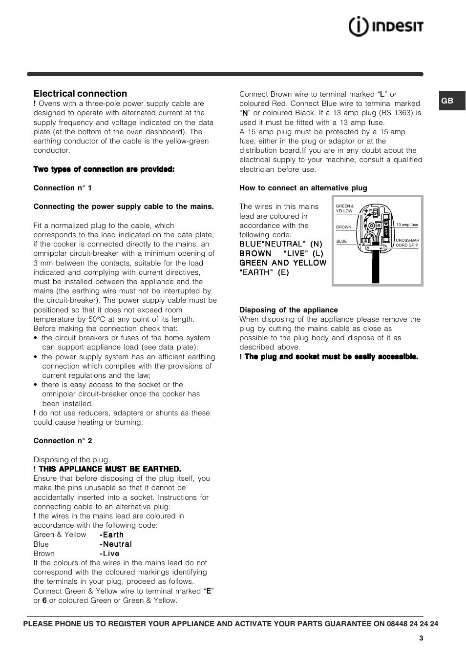 Electrical connection | Indesit FIM73KC-AIXGB User Manual | Page 3 / 12