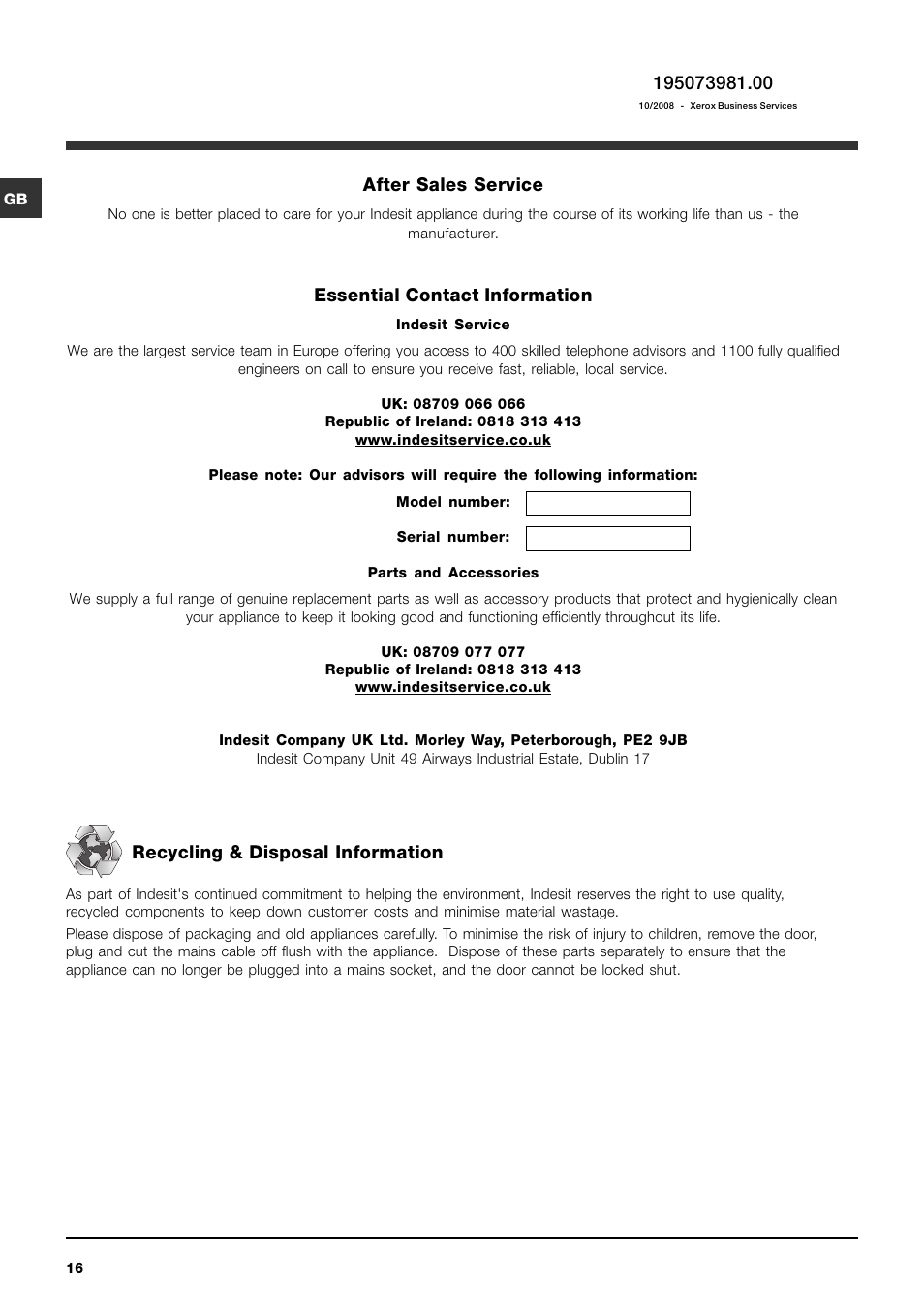 After sales service, Essential contact information, Recycling & disposal information | Indesit IWC6125S User Manual | Page 16 / 16