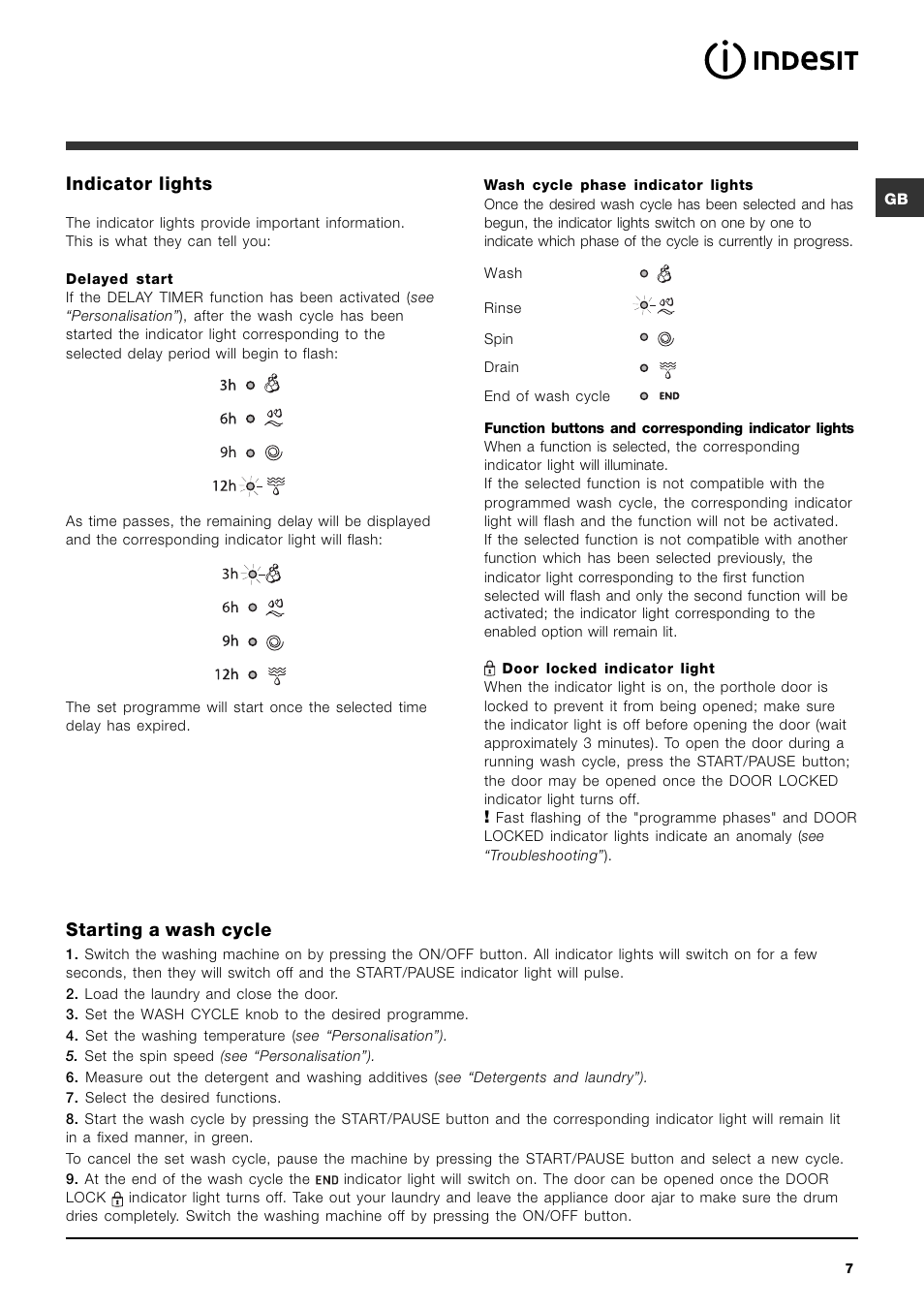 Indicator lights, Starting a wash cycle | Indesit IWC6125S User Manual | Page 7 / 16