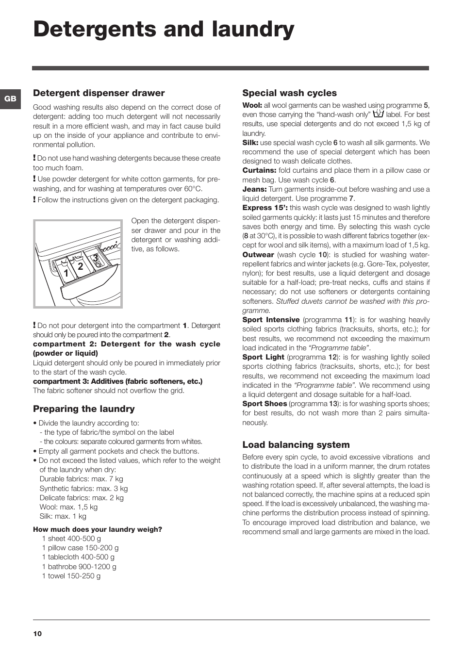 Detergents and laundry | Indesit IWE7145BUKE User Manual | Page 10 / 16