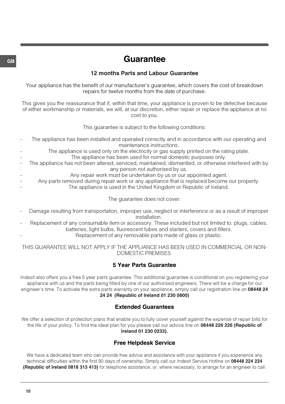 Guarantee | Indesit UFAN300NFUK User Manual | Page 10 / 12