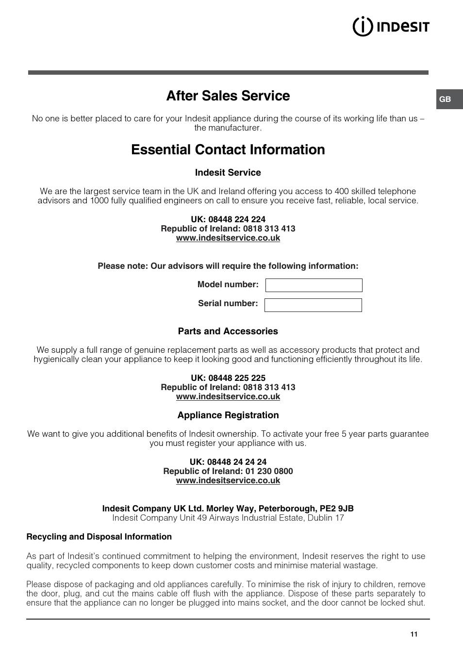 After sales service, Essential contact information | Indesit UFAN300NFUK User Manual | Page 11 / 12