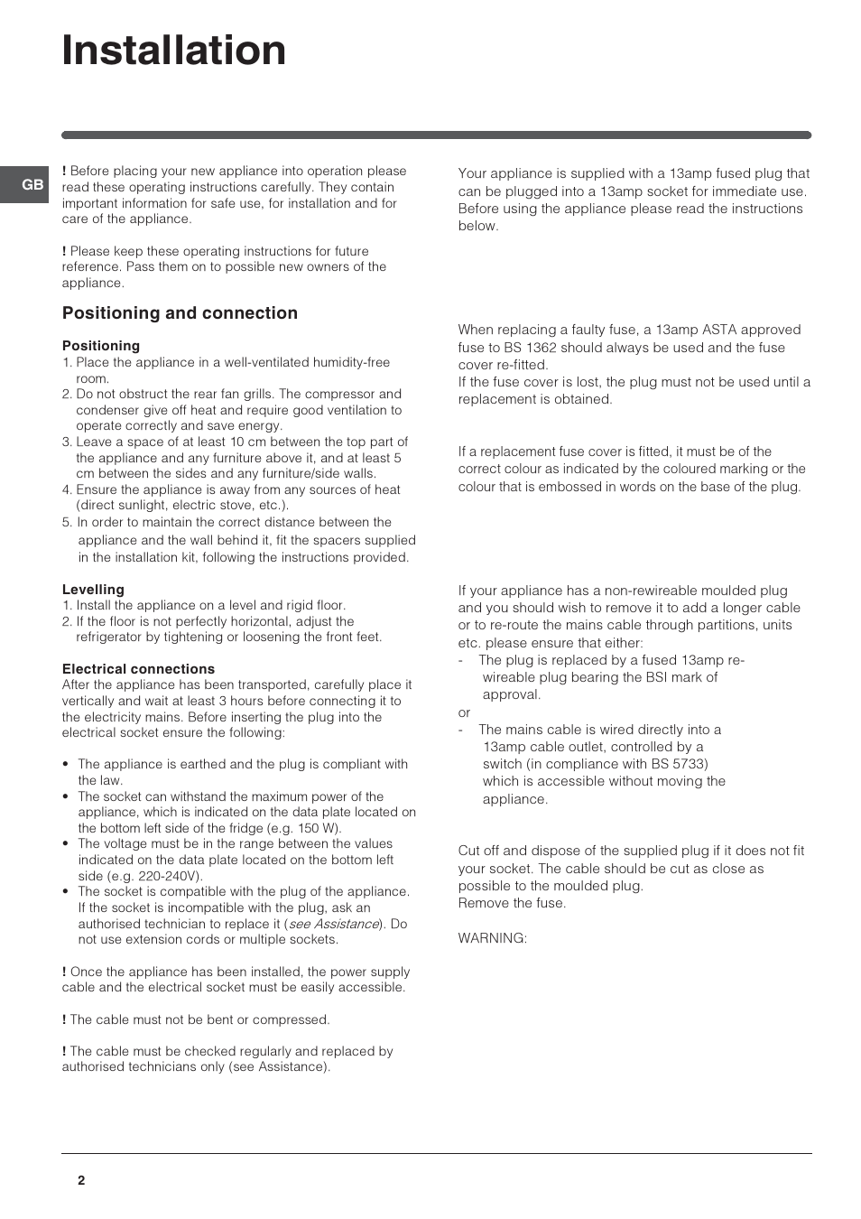 Installation, Positioning and connection | Indesit UFAN300NFUK User Manual | Page 2 / 12