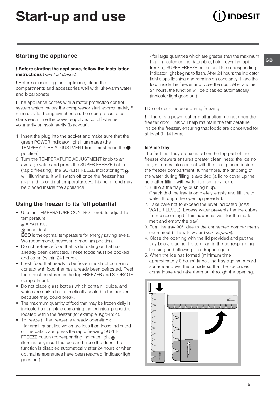 Start-up and use, Starting the appliance, Using the freezer to its full potential | Indesit UFAN300NFUK User Manual | Page 5 / 12