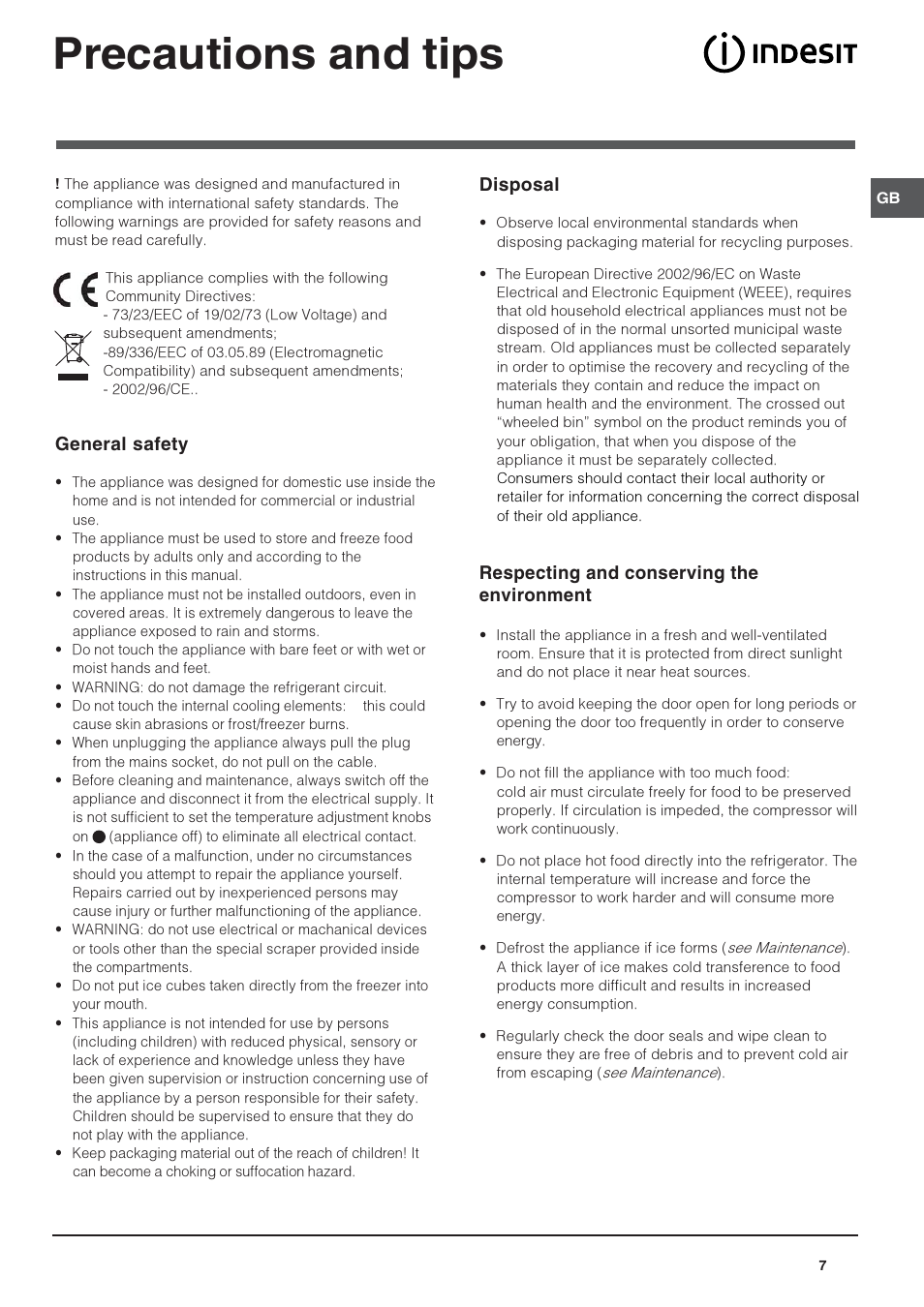 Precautions and tips, Disposal, Respecting and conserving the environment | General safety | Indesit UFAN300NFUK User Manual | Page 7 / 12
